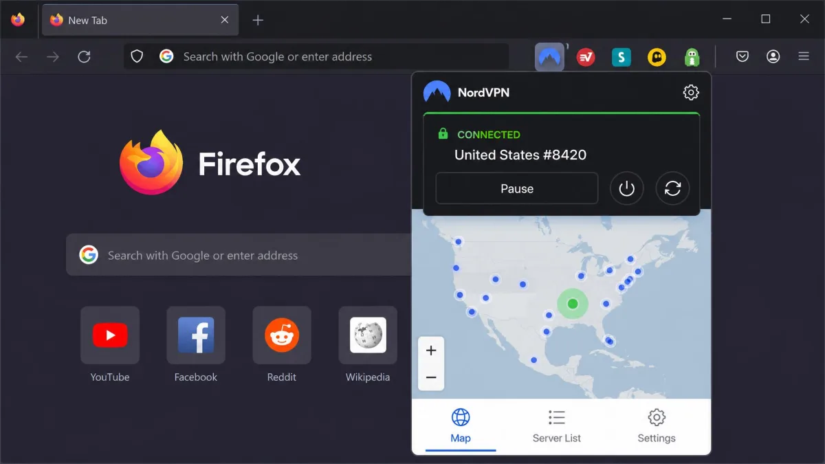 The Firefox toolbar showing five VPN add-on icons pinned side by side, with the NordVPN extension panel open and a green connected status displayed over a map of server locations.