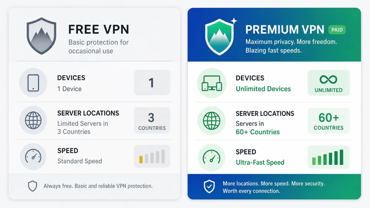 A side-by-side comparison card contrasting a free VPN tier with one device and limited servers against a paid tier showing unlimited devices, more countries, and faster speeds.