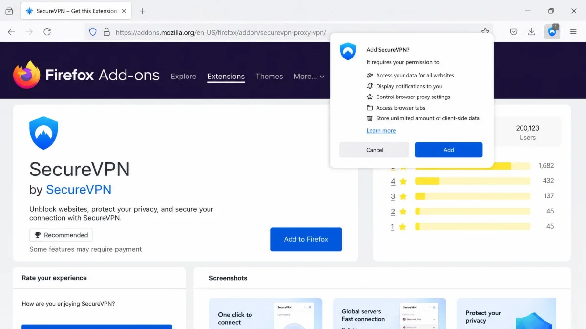 The Firefox add-ons store page for a VPN extension with the blue Add to Firefox button visible and a permissions dialog appearing above the browser toolbar.