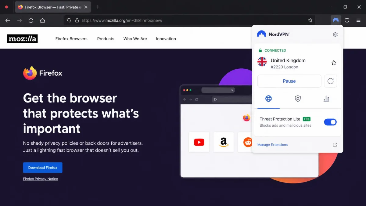 NordVPN's Firefox extension panel open in the top-right corner of the browser, showing a connected status to a United Kingdom server with the Threat Protection Lite toggle switched on.