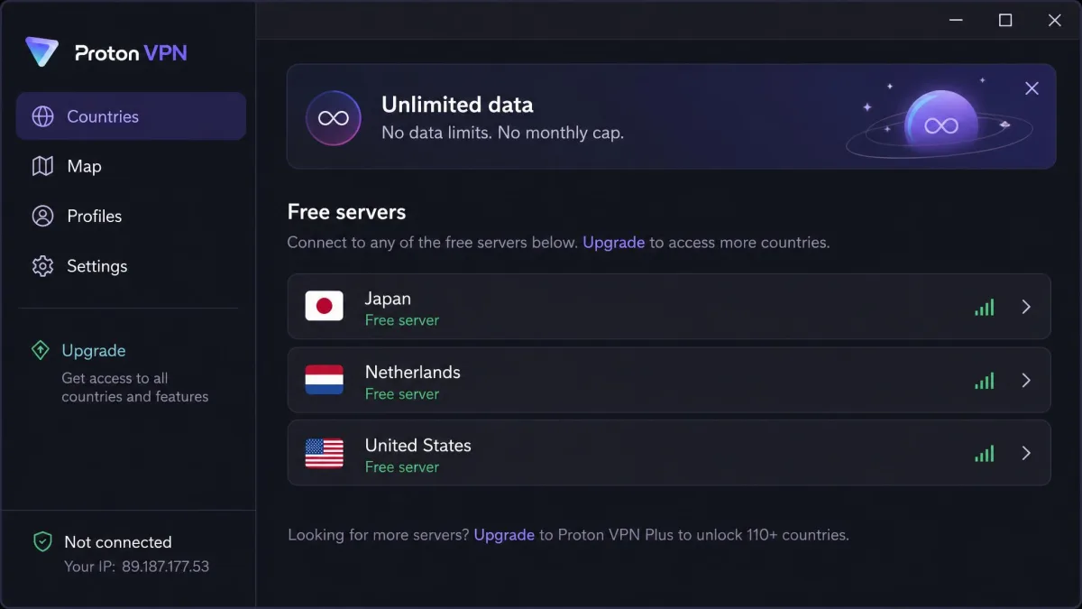 Proton VPN's app showing the free tier server list with three country options available and a banner noting unlimited data with no monthly cap.