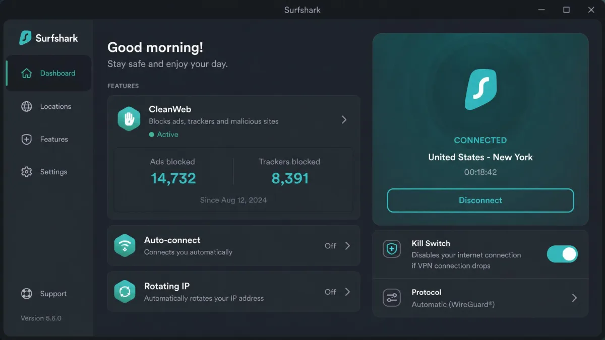 Surfshark's desktop dashboard showing the CleanWeb blocker active with a running count of blocked ads and trackers, and the kill switch toggle highlighted in the settings panel.