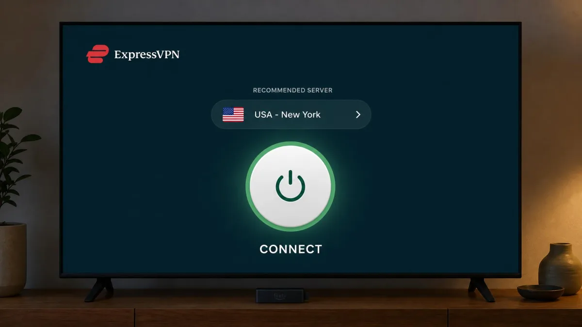 ExpressVPN's minimal Fire TV app on a television, showing a large connect button and a Recommended Server label above it.