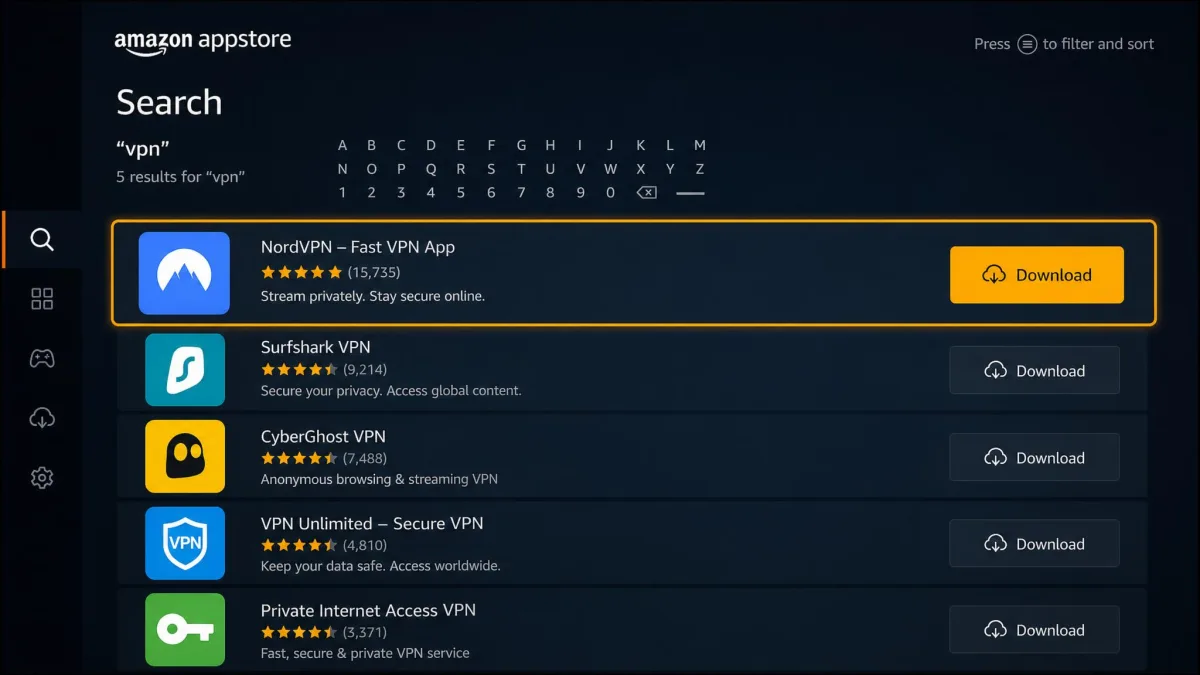 The Amazon Appstore search screen on a Fire TV Stick with a VPN app in the results and a Download button highlighted.
