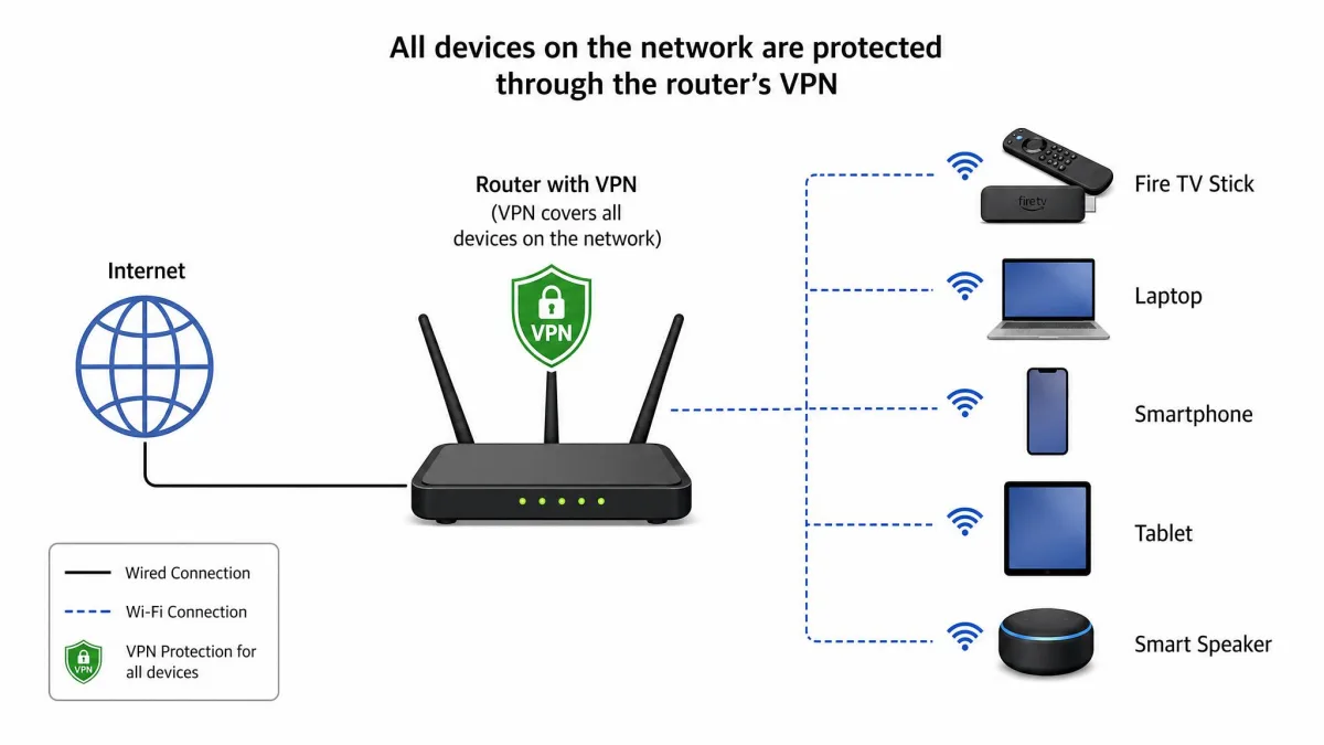 A simple home-network diagram showing a Fire TV Stick connecting through a router with a VPN installed, covering all devices on the network.