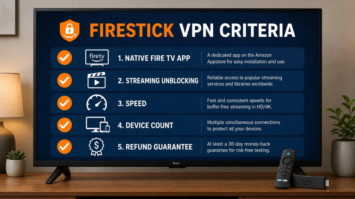 A checklist graphic on a television screen listing Firestick VPN criteria: native Fire TV app, streaming unblocking, speed, device count, and refund guarantee.