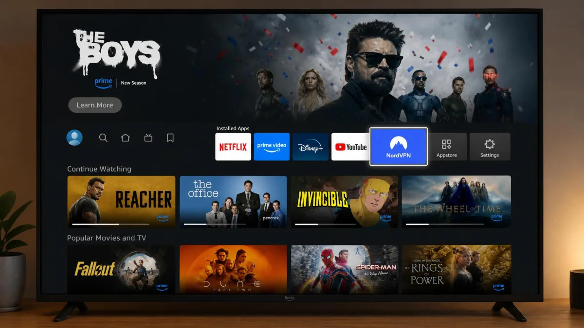 A Fire TV Stick home screen on a television showing streaming app tiles, with a VPN app icon highlighted in the top row of installed apps.