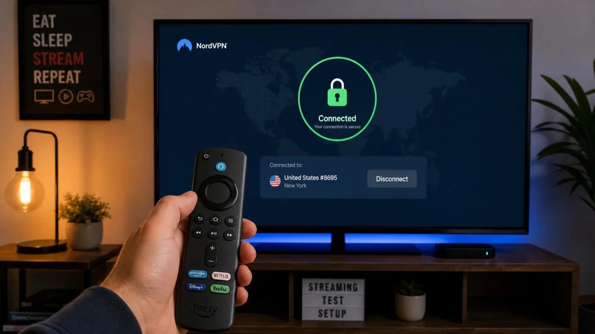 A Fire TV Stick remote in hand pointed at a television running a VPN app's connection screen, part of a home streaming test setup.