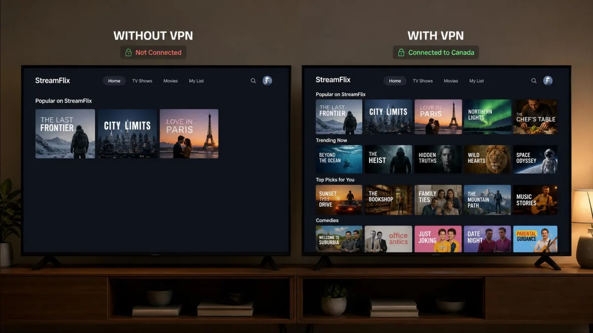 Two side-by-side television screens showing a streaming service catalog, one sparse without a VPN and one full with a VPN connected to another country.