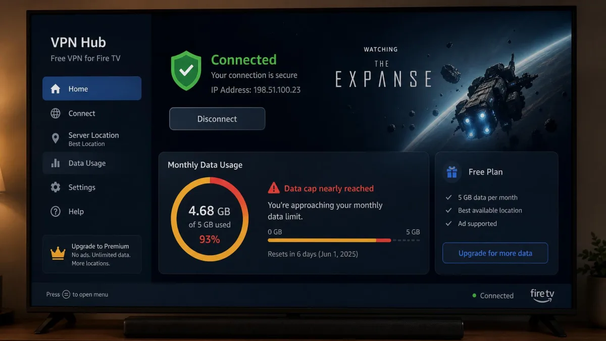 A Fire TV screen showing a free VPN app with a data-usage meter near its monthly limit, illustrating a data cap running low during streaming.