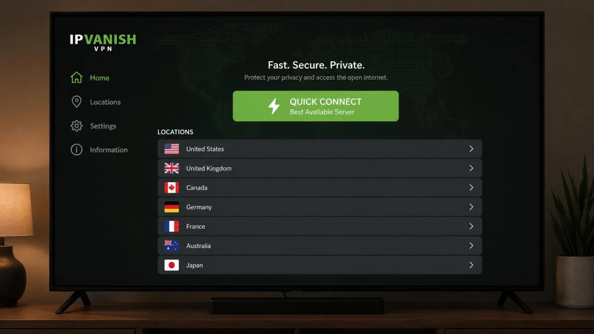 IPVanish's Fire TV app on a television showing a quick-connect best-server button and a list of country locations below it.