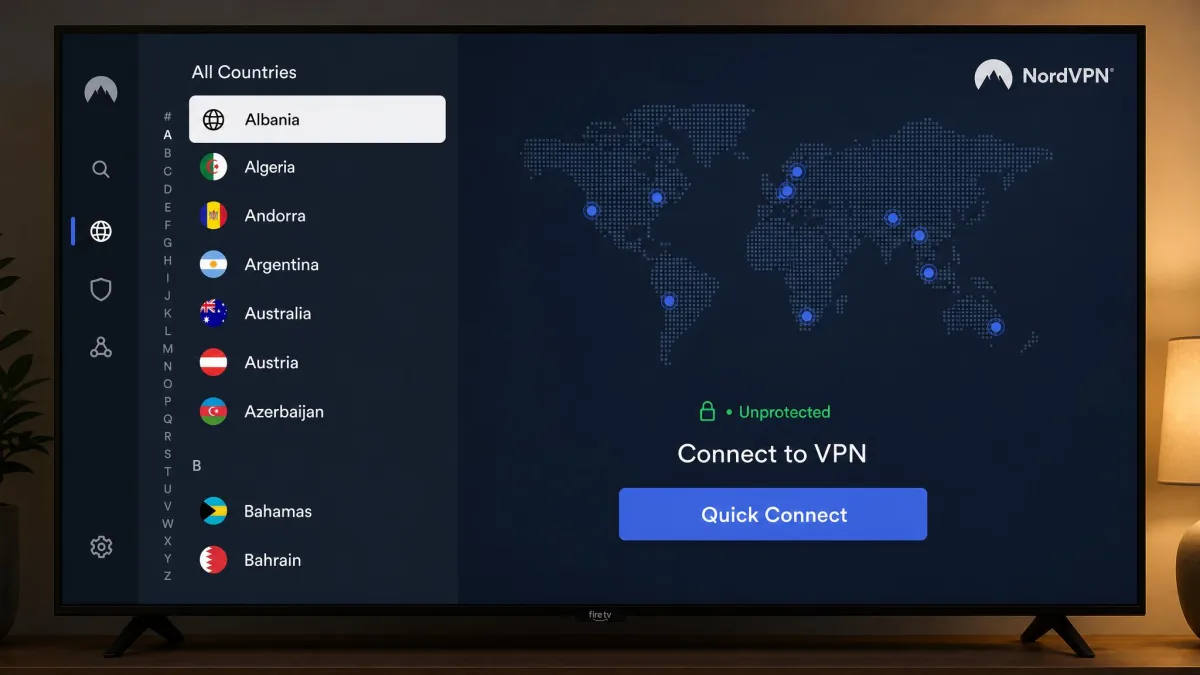 NordVPN's Fire TV app showing an alphabetical country server list on the left and a Quick Connect button, viewed on a television screen.