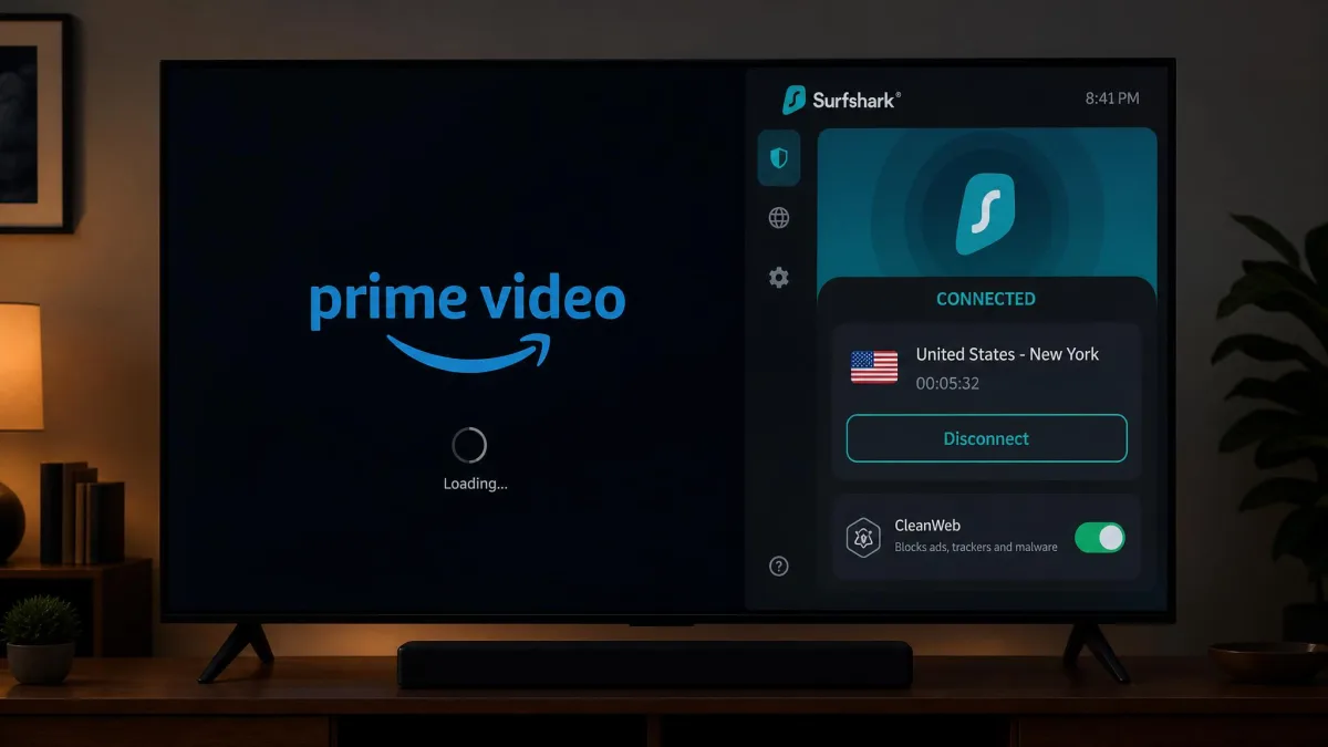 Surfshark's Fire TV app connected to a server, with a CleanWeb toggle visible and a streaming service loading in the background on the television.