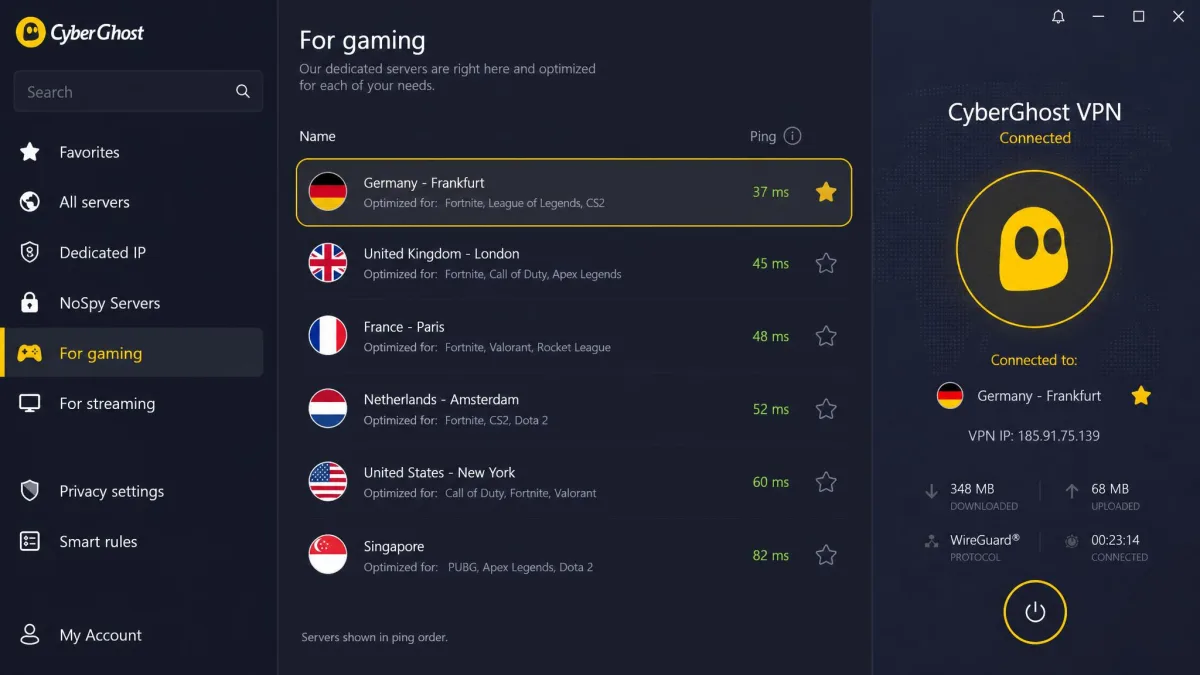 CyberGhost's app showing its dedicated "For gaming" server category, with a nearby optimized server selected and a 37 millisecond ping reading displayed.