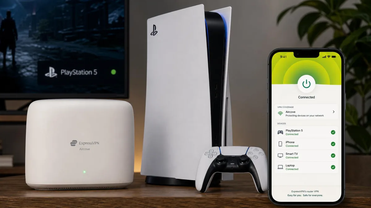 An ExpressVPN Aircove router next to a PS5, with the ExpressVPN app on a phone showing the console connected through the router's VPN coverage.