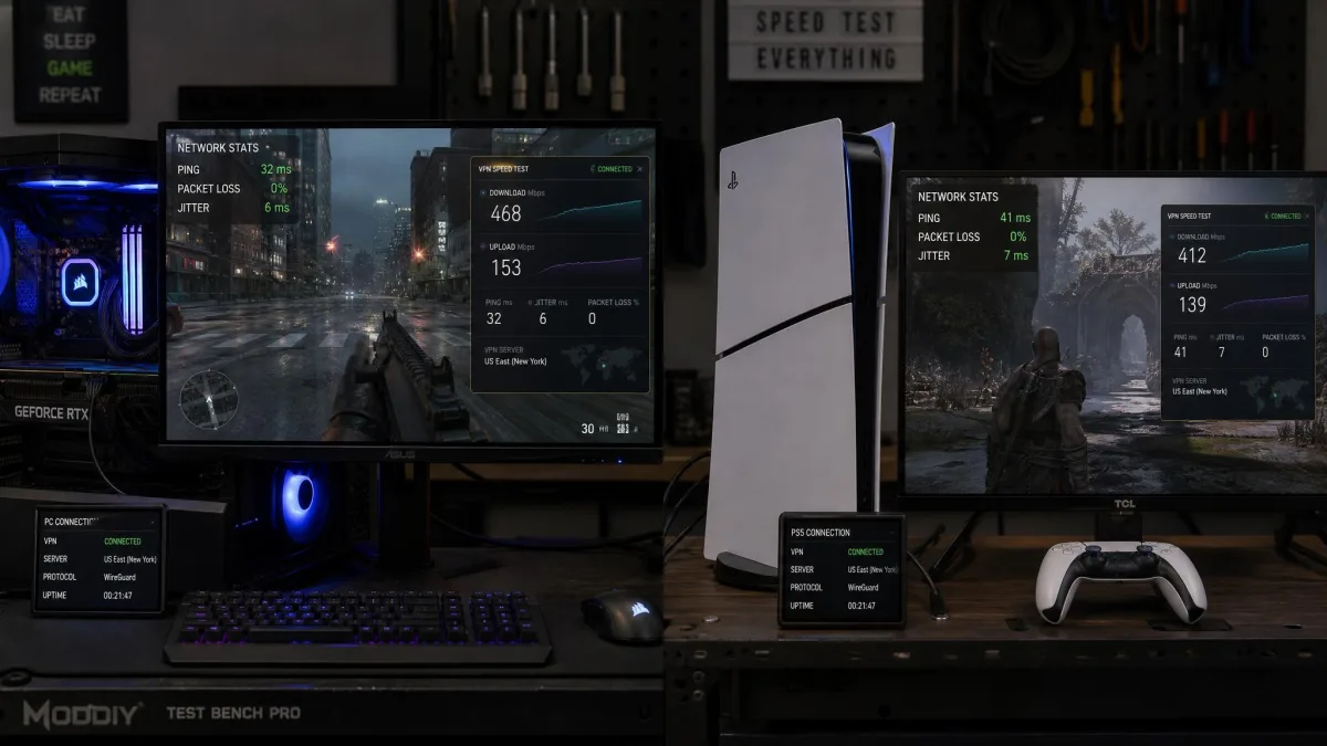 A wired gaming PC and a PS5 console side by side on a test bench, each showing an in-game network stats overlay with ping and packet-loss readouts during VPN speed testing.