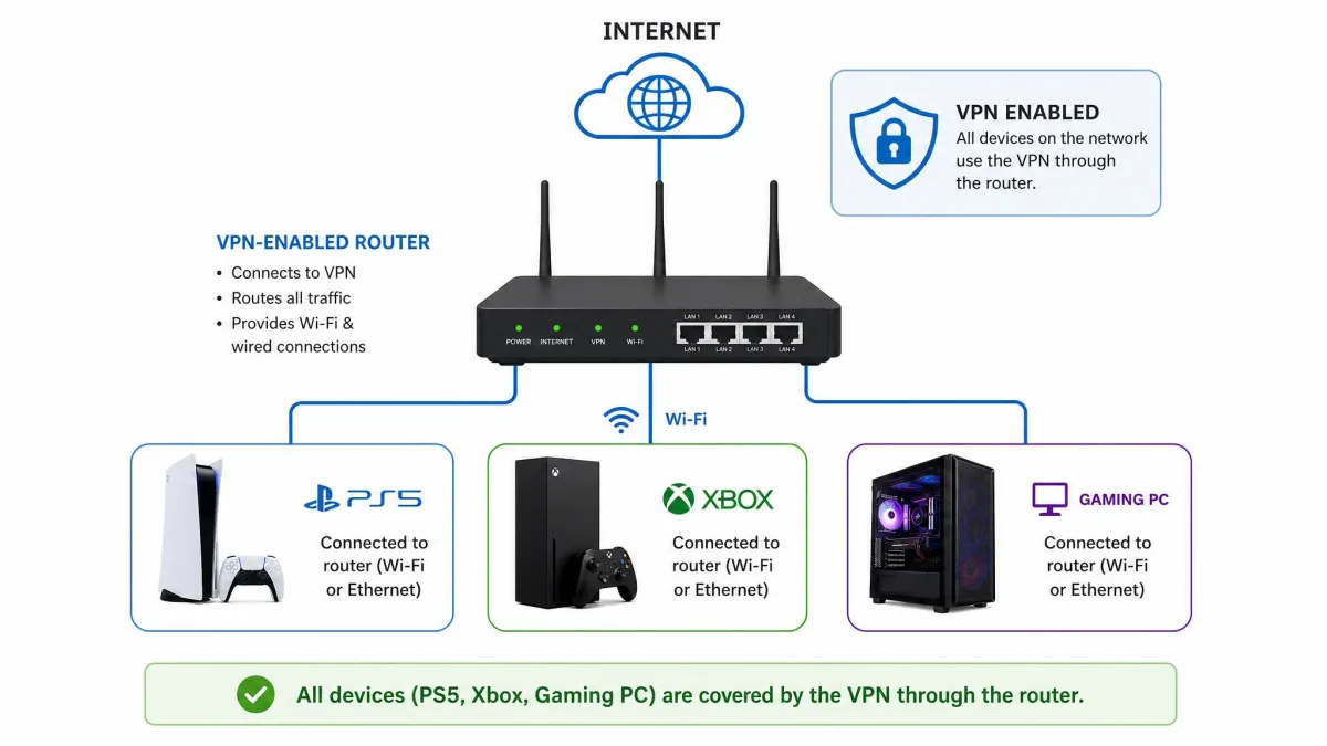 A simple home-network diagram showing a VPN-enabled router connecting a PS5, an Xbox, and a gaming PC, illustrating how console coverage works through a router.