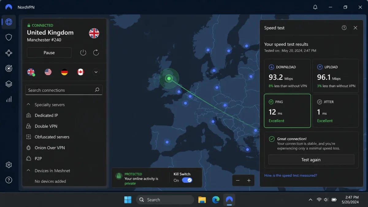 NordVPN's Windows app connected to a nearby gaming server, with the speed-test panel showing single-digit download speed loss and a low ping figure highlighted.