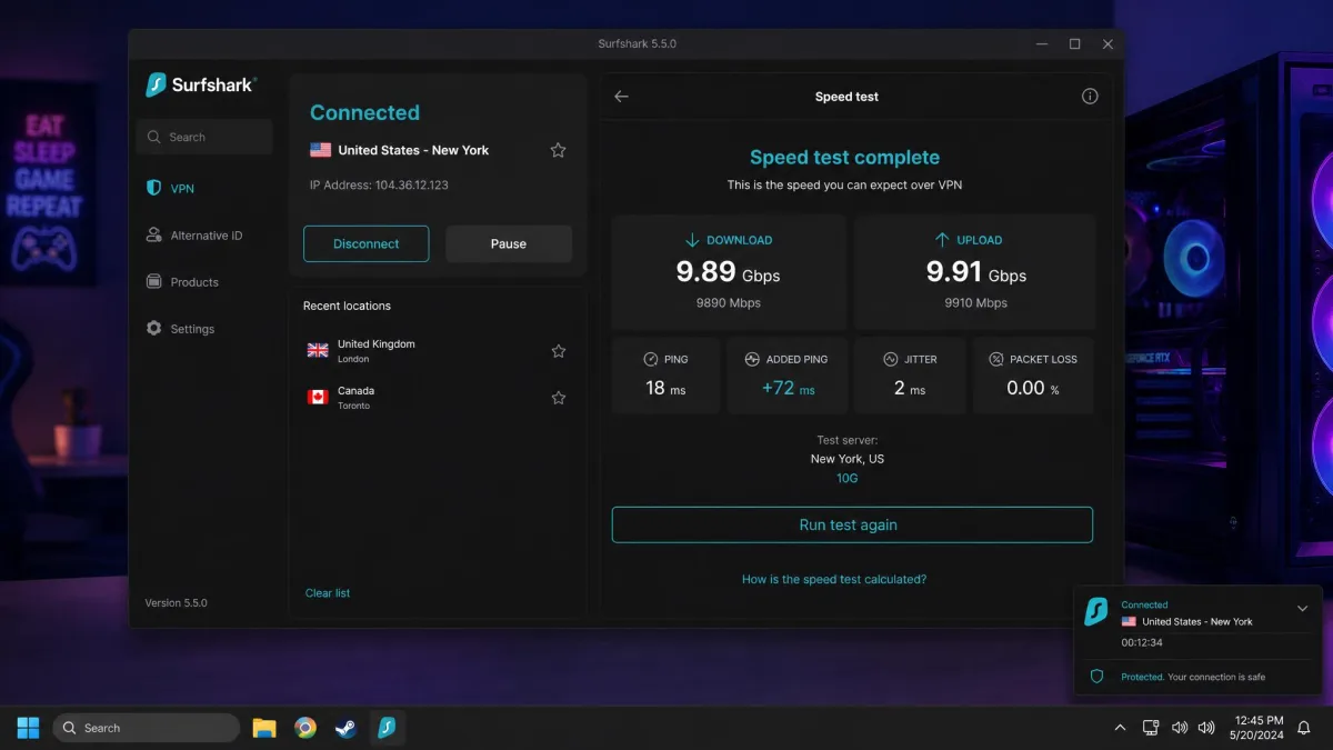 Surfshark's app on a gaming PC showing a completed speed test with full-speed download over a 10 Gbps port and a low added-ping figure near 72 milliseconds.