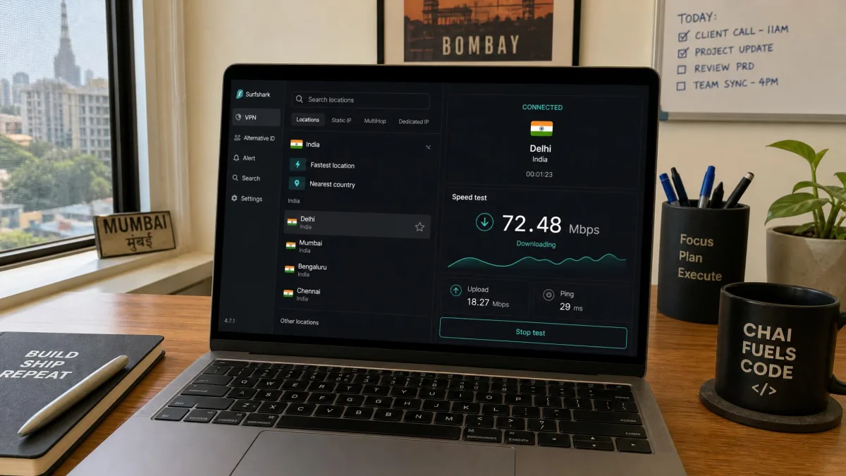 A laptop in a Mumbai home office running a VPN speed test, with a Delhi-based Indian server selected in the app and a live download speed reading visible on screen.