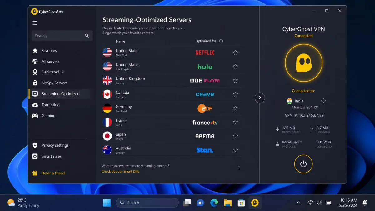 CyberGhost app showing its streaming-optimized server list with individual platform labels, connected to an India server on a Windows laptop.