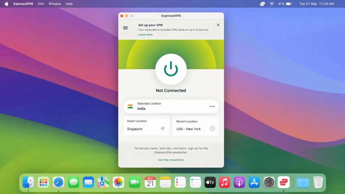 ExpressVPN app mid-setup on a macOS laptop, showing the one-tap connect button and an India location selected in the server list.