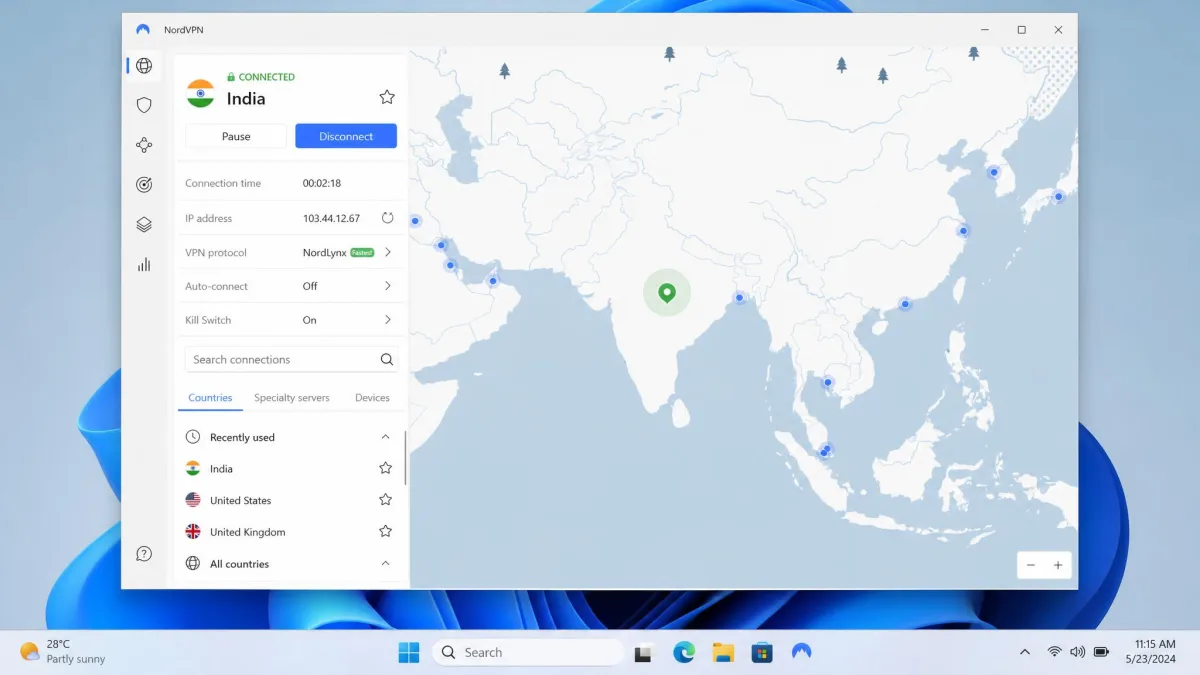NordVPN desktop app open on a Windows laptop showing the India virtual server selected and a connected status with the NordLynx protocol active.