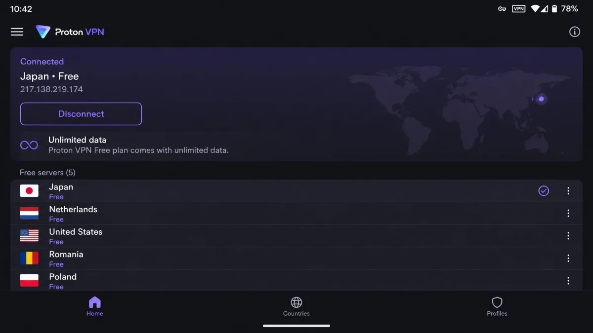 Proton VPN free tier connected on an Android phone in India, showing the unlimited-data status and a limited set of free server locations.