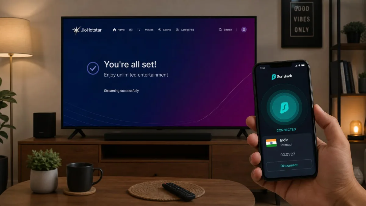 A living-room TV showing JioHotstar streaming successfully while the Surfshark app on a phone displays a connected India server.