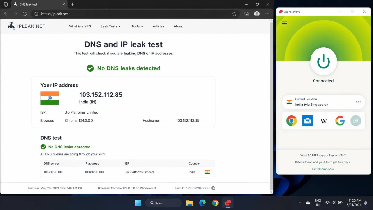 A DNS and IP leak test results page in a browser showing an Indian IP address with no DNS leaks detected while a VPN app runs alongside it.