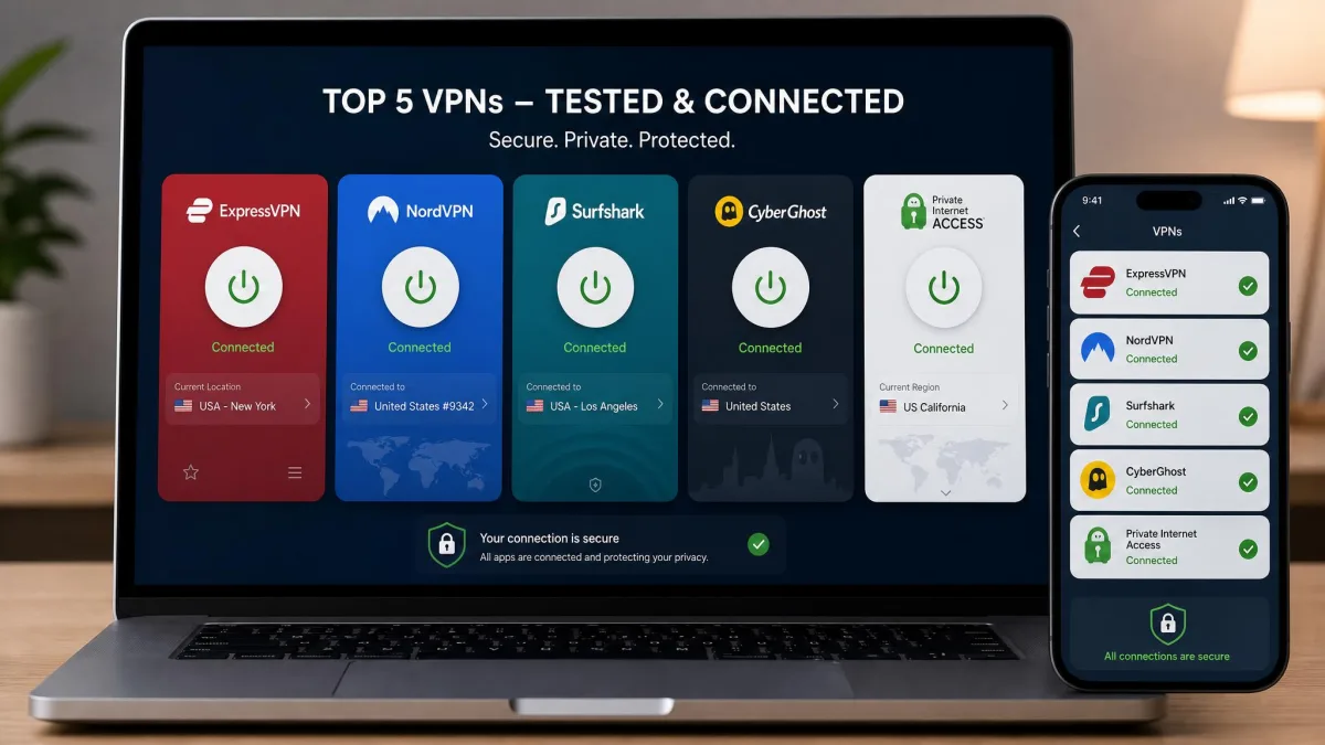 The five recommended VPN apps arranged together on a laptop and phone screen, each showing a connected status, representing the tested lineup for internet security.