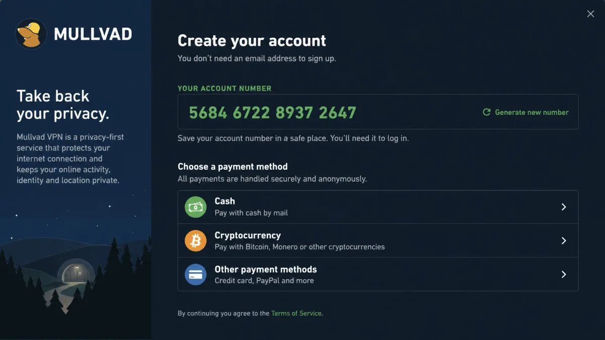 Mullvad signup screen displaying a randomly generated account number instead of an email field, with cash and cryptocurrency listed among the payment options.