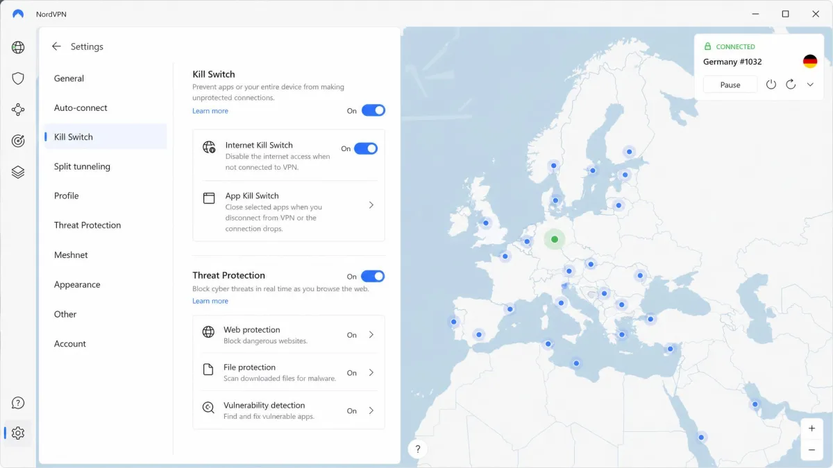 NordVPN Windows app open on the settings screen with the kill switch and Threat Protection toggles switched on, and a server map behind the panel.