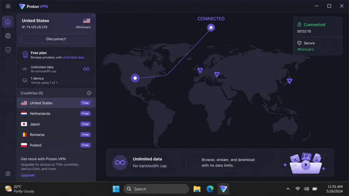 Proton VPN free plan connected on a single laptop, showing unlimited data usage with no bandwidth cap and the free server locations available.
