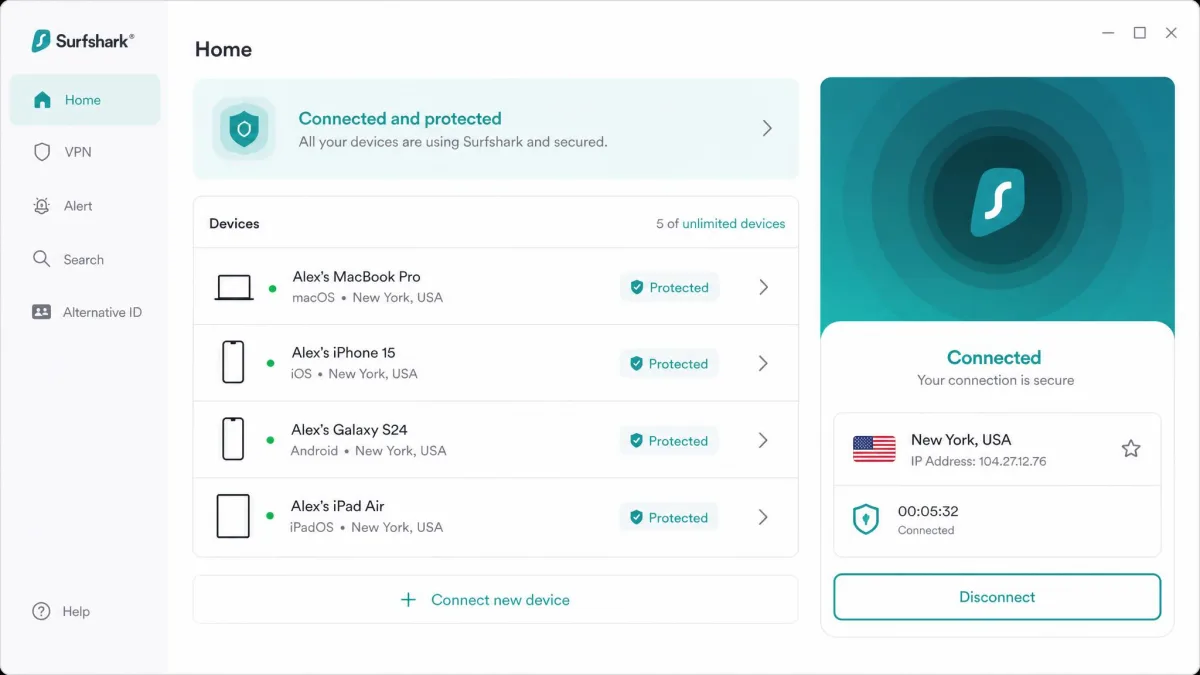 Surfshark app dashboard showing several connected devices including a laptop, two phones, and a tablet all protected on a single account at the same time.