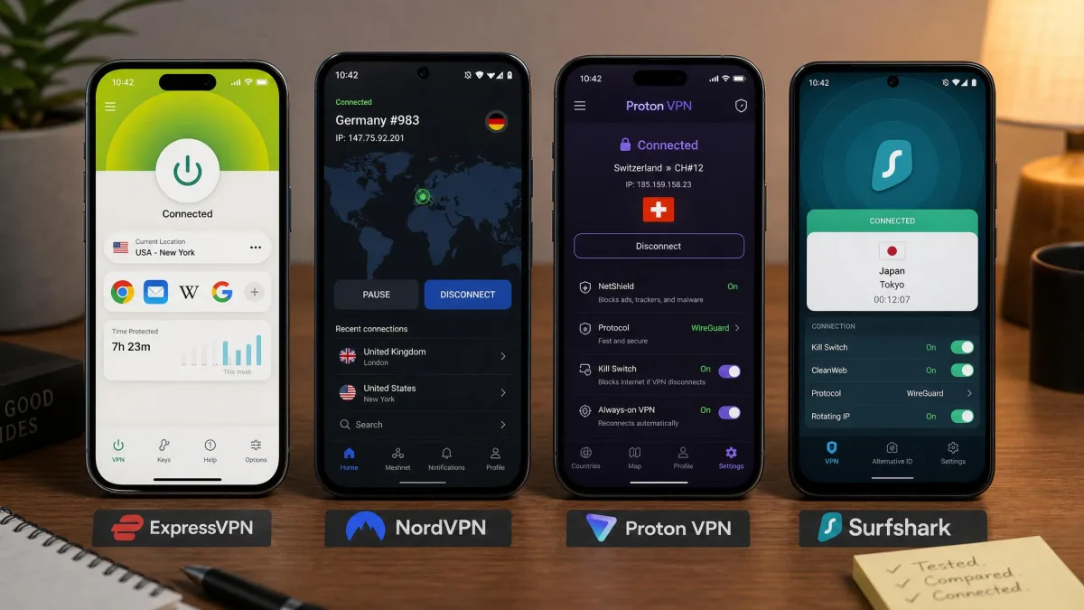 Four VPN apps shown side by side on a desk, each connected to a different server, illustrating the differences in interface and available security settings between the tested services.