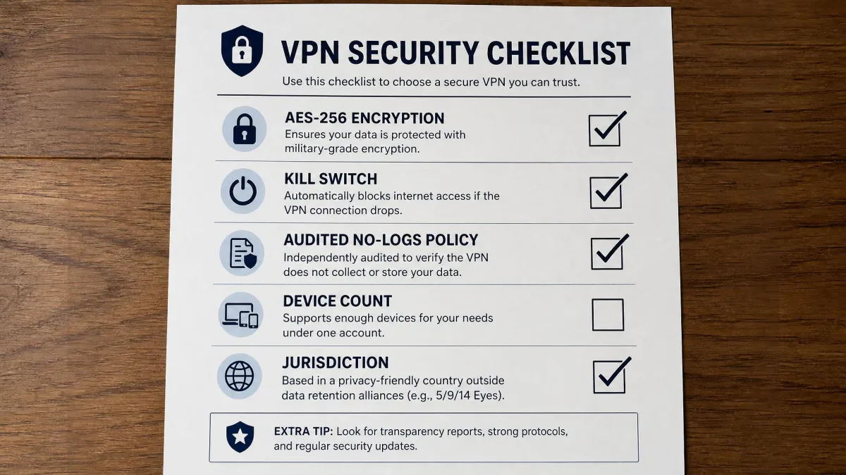 Printed checklist for choosing a secure VPN with items for AES-256 encryption, a kill switch, an audited no-logs policy, device count, and jurisdiction, several boxes ticked.
