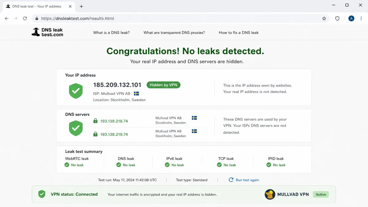 Browser showing a DNS and IP leak test result page with the VPN active, confirming the real IP address and DNS servers are hidden and no leaks are detected.