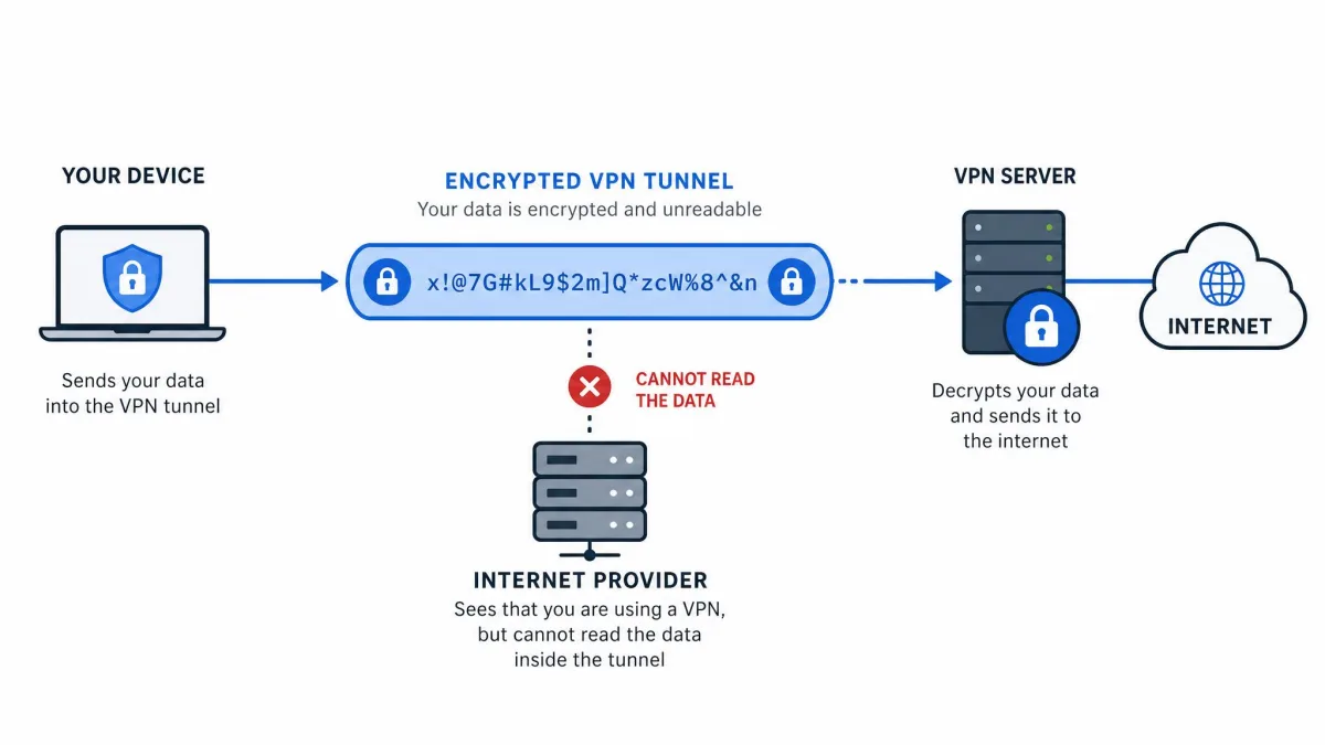 Simple diagram showing a device sending traffic through an encrypted VPN tunnel to a VPN server, with the internet provider unable to read the scrambled data inside the tunnel.