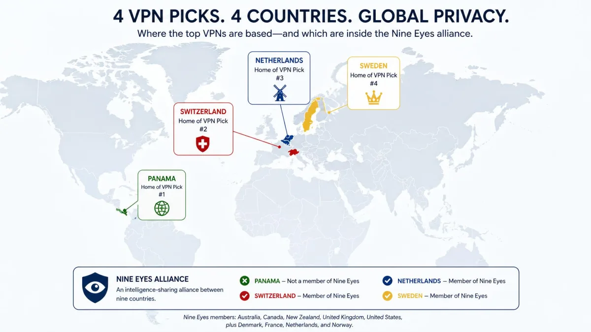 World map highlighting the home countries of the four VPN picks, Panama, Switzerland, the Netherlands, and Sweden, with a note marking which sit inside the Nine Eyes alliance.