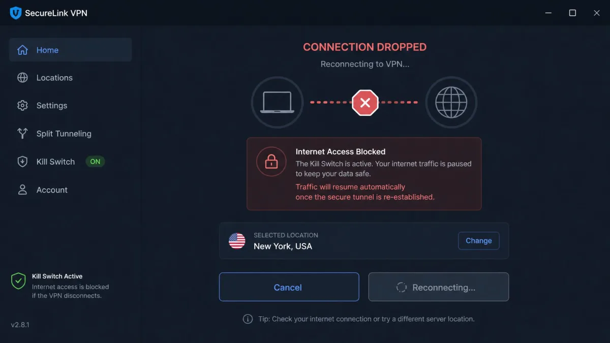VPN app mid connection-drop with the kill switch active, showing internet access blocked and a notice that traffic is paused until the secure tunnel reconnects.