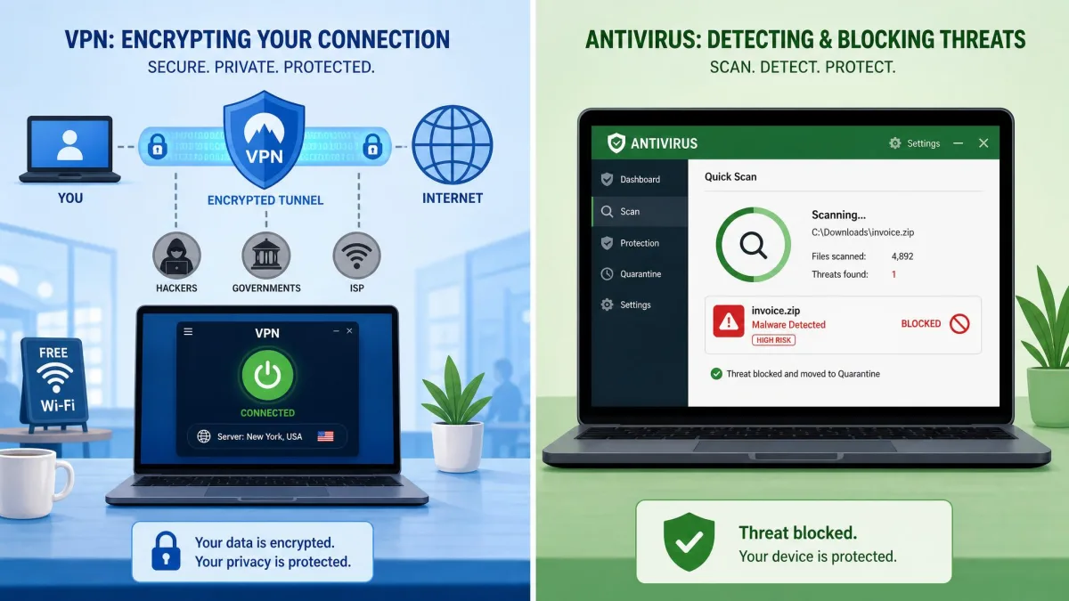 Two-panel illustration contrasting a VPN encrypting a connection over Wi-Fi on one side and antivirus scanning and blocking a malicious file on a laptop on the other.