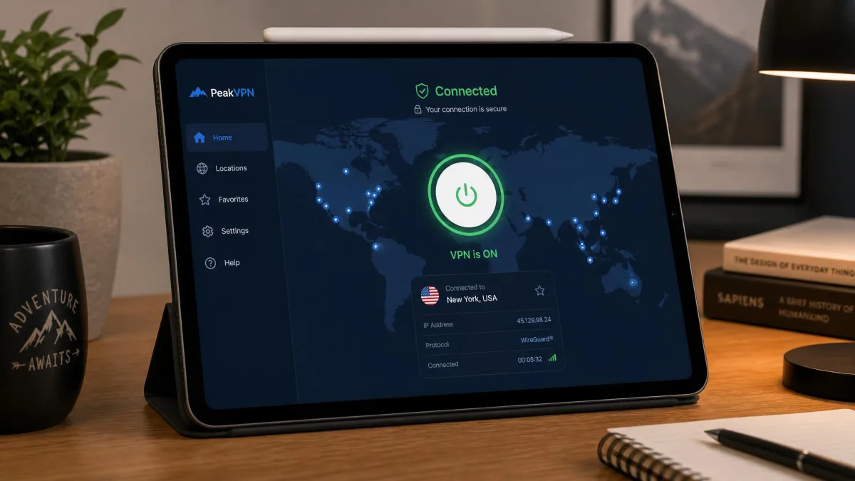 An iPad on a desk showing a VPN app connected screen with a large connect toggle switched on and a world map of server locations behind it.