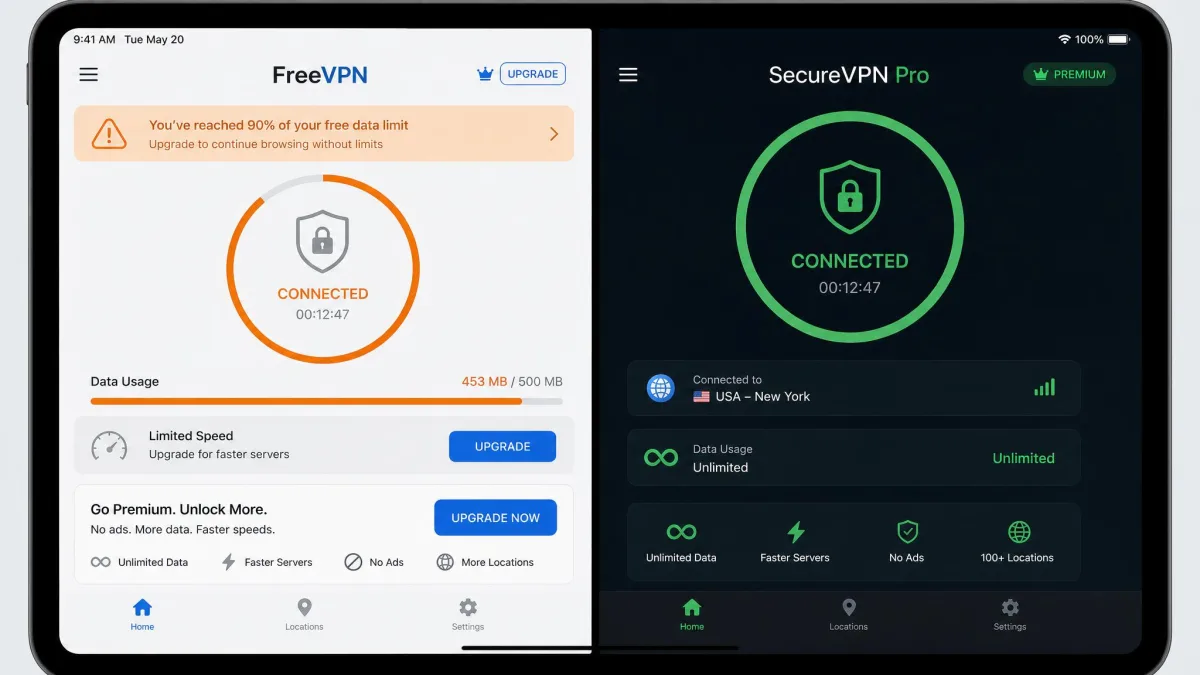 Split-screen iPad view comparing a free VPN app showing a data-cap warning against a paid VPN app running with unlimited data and no ads.