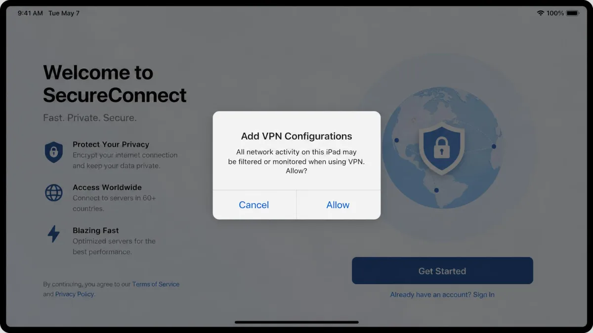 iPadOS system dialog reading Add VPN Configurations with Allow and Cancel buttons, shown during a VPN app's first-time setup.