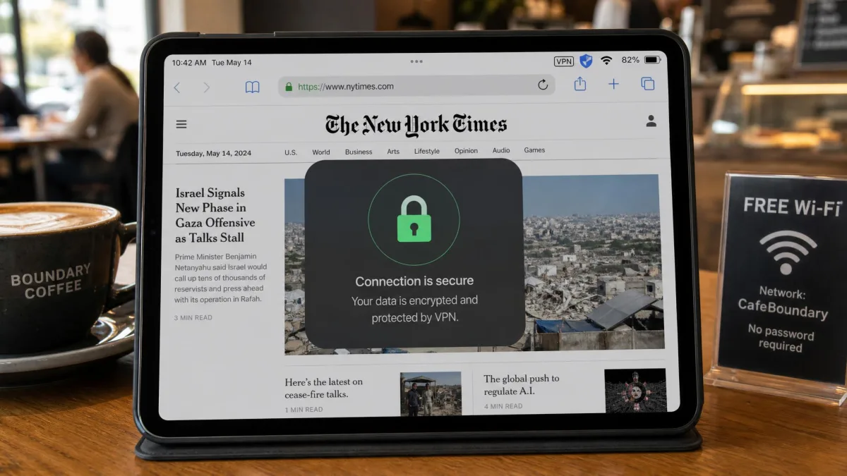 An iPad connected to a public cafe Wi-Fi network with a VPN shield icon in the status bar and a padlock overlay illustrating encrypted traffic.