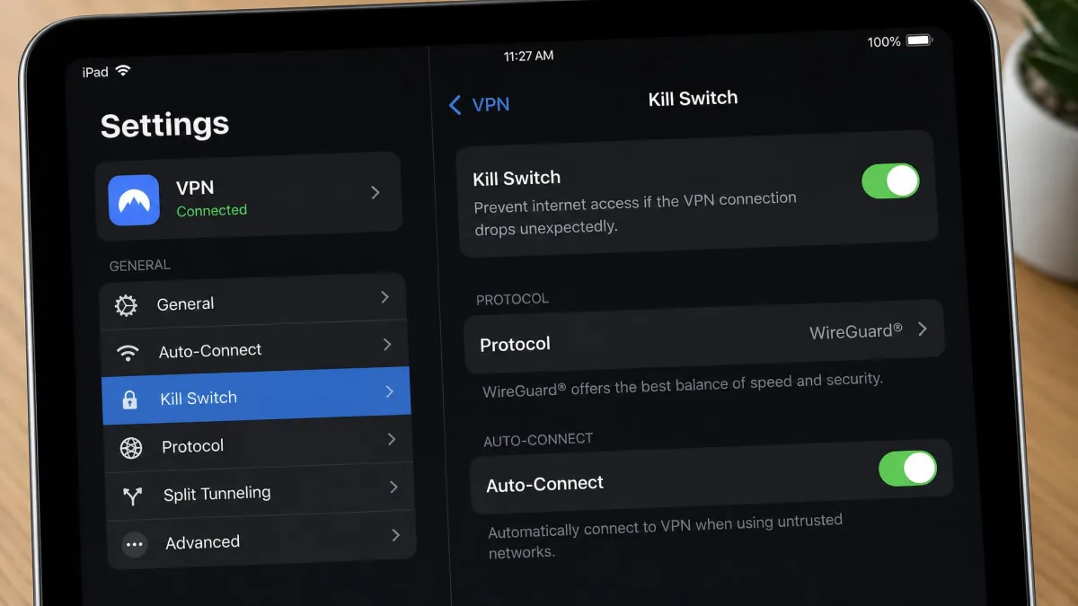 Close-up of an iPad VPN settings screen showing the kill switch toggle switched on alongside protocol and auto-connect options.
