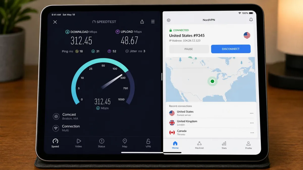 An iPad showing a speed test result screen with download and upload figures while a VPN app runs in a split-screen view beside it.