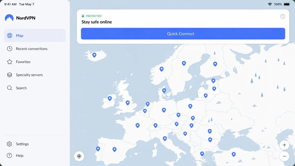 NordVPN iPad app showing the quick-connect button at the top and a map of Europe with pin markers for available server countries below it.