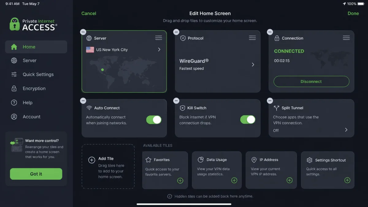 Private Internet Access iPad app showing its customizable home screen in edit mode with draggable tiles for server selection, protocol, and quick settings.